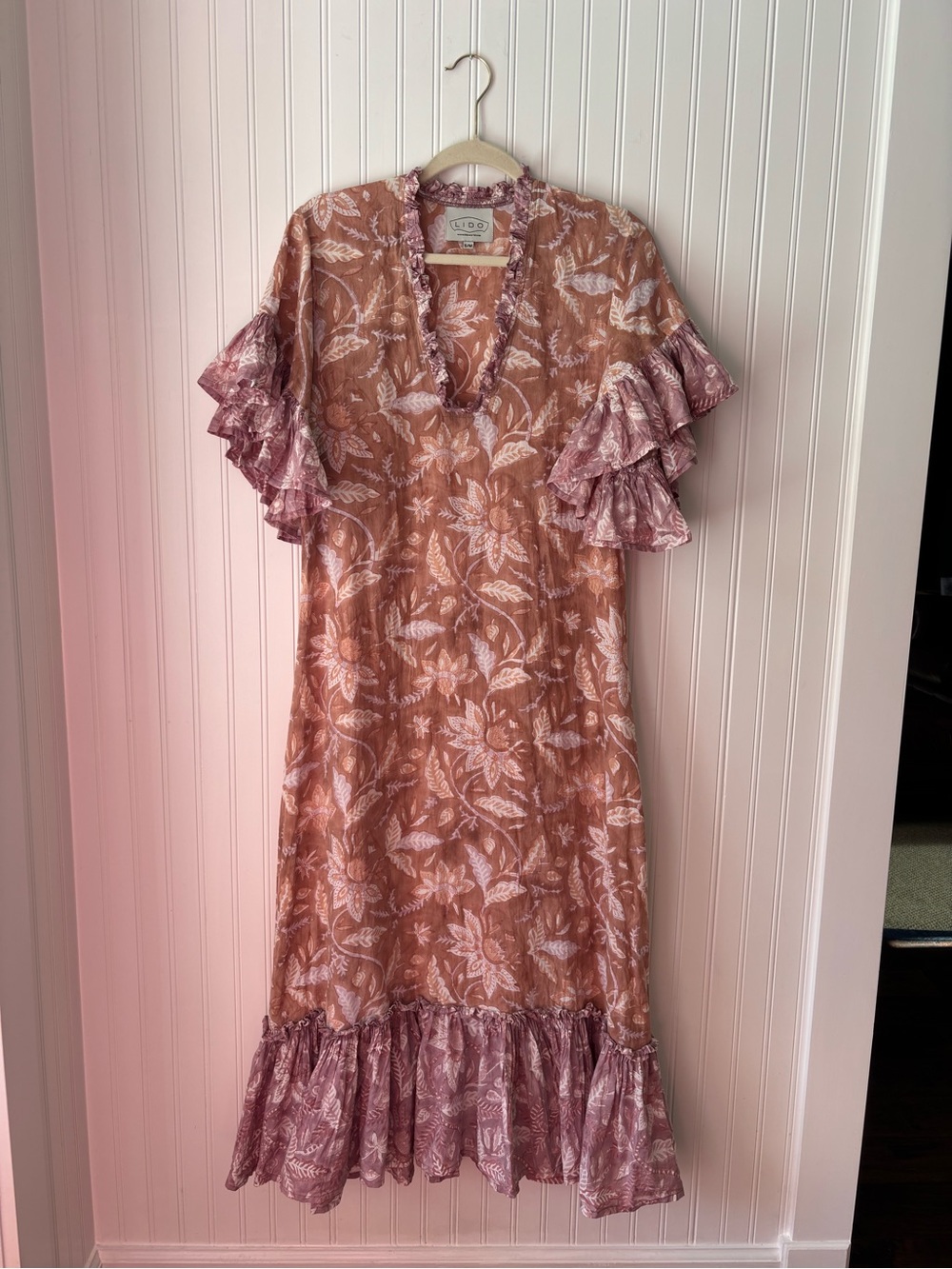 LIDO Floral Ruffle-Sleeve Midi Dress in Rust & Dusty Rose